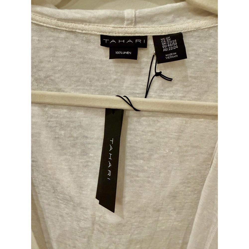 Tahari Women White 100% Linen Hooded Airy Cardigan NWT 2X Quiet Luxury Lagenlook - Picture 2 of 5